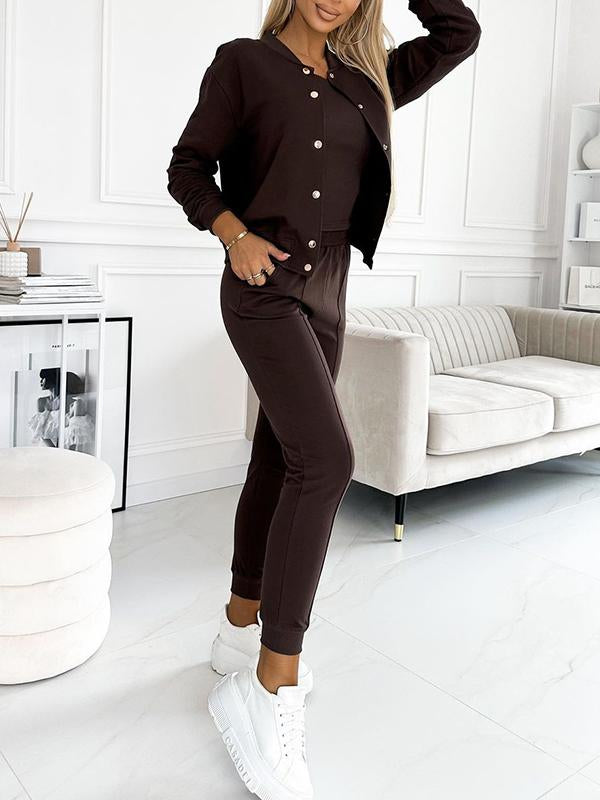 Women's Round Neck Long Sleeve Casual Sports 3-piece Suit