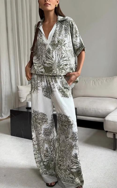 Women's Casual Lapel Printed Short-sleeved Two-piece Suit