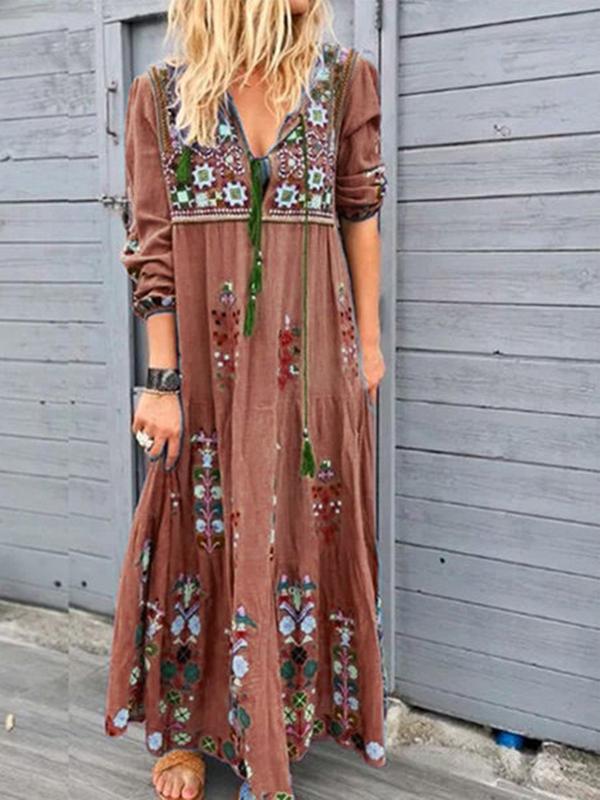 Floral Print Patchwork Dress Fashion Drawstring Long-sleeved Dress