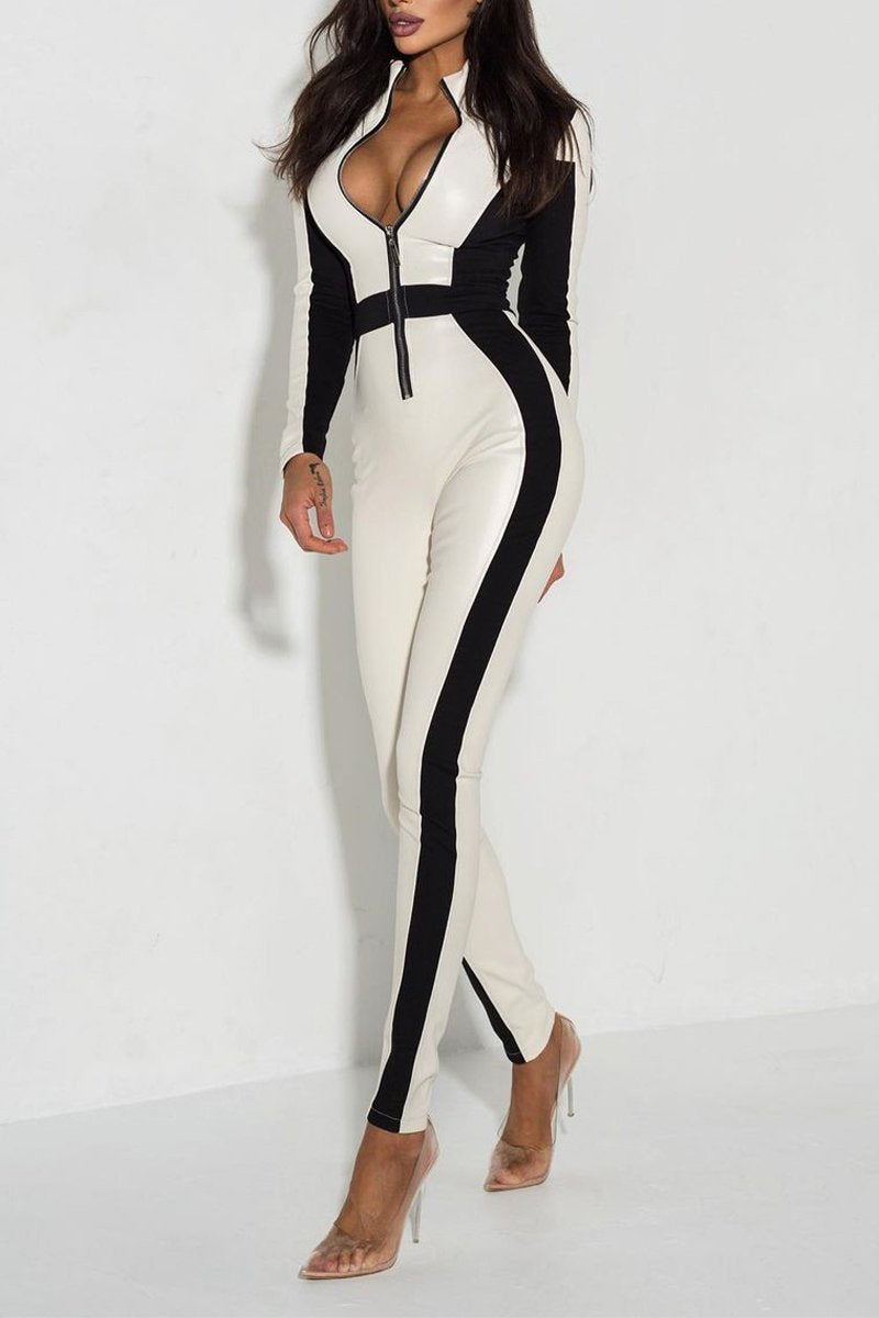 Women's Casual Half-Zip Slim Long Sleeve Contrast Color Jumpsuit