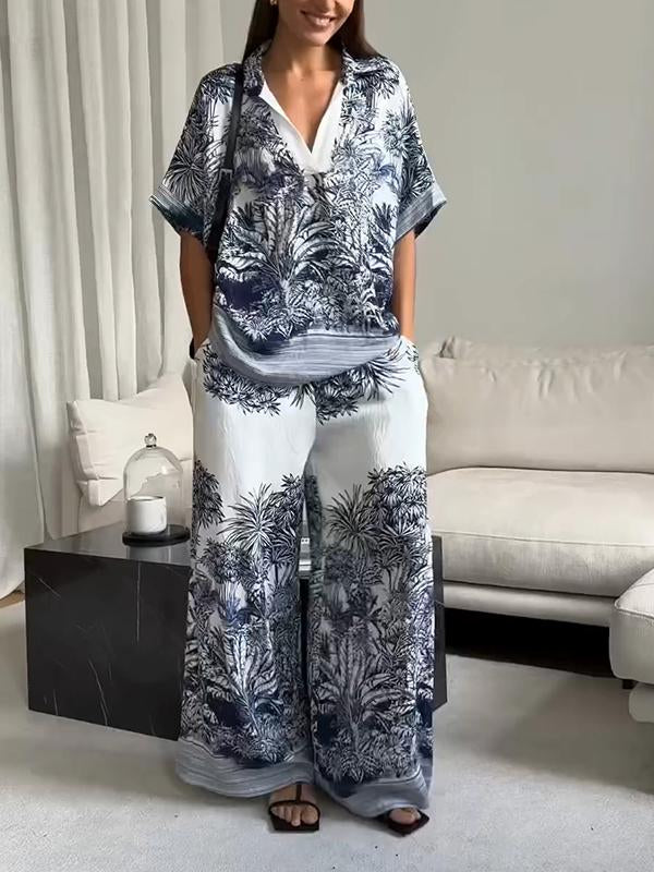 Women's Casual Lapel Printed Short-sleeved Two-piece Suit