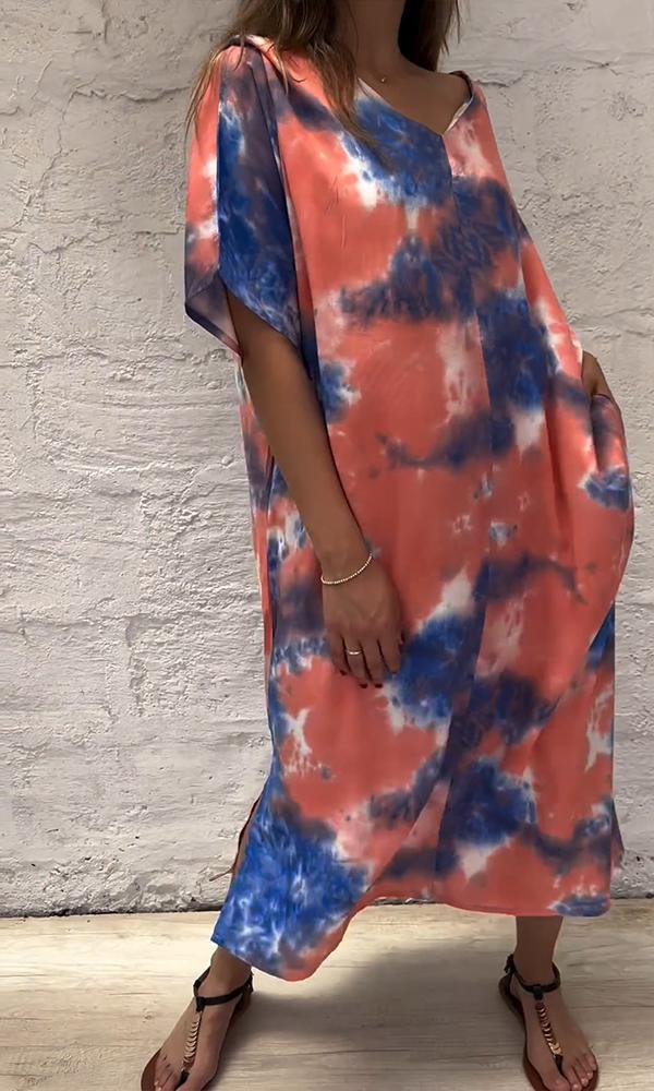 Women's Loose V-neck Short Sleeve Tie-dye Print Maxi Dress