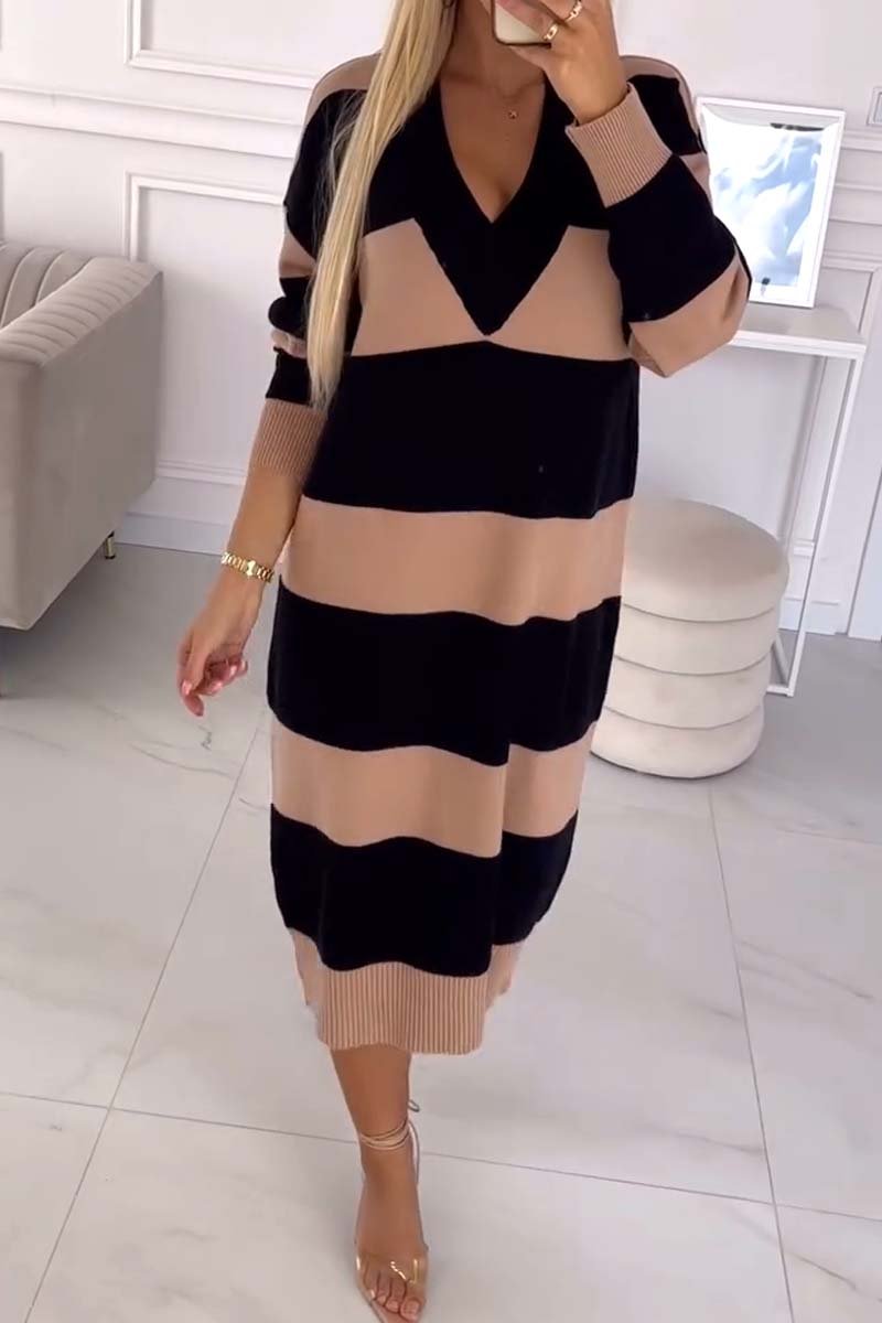 Women's Striped V Neck Long Sleeve Sweater Dress