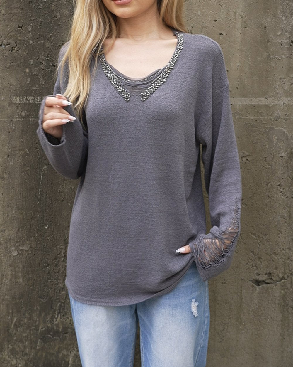 Women's Fashionable V-neck Beaded Sweater Tops