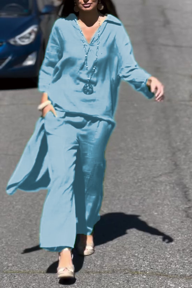 V-neck cotton and linen long top and pants suit