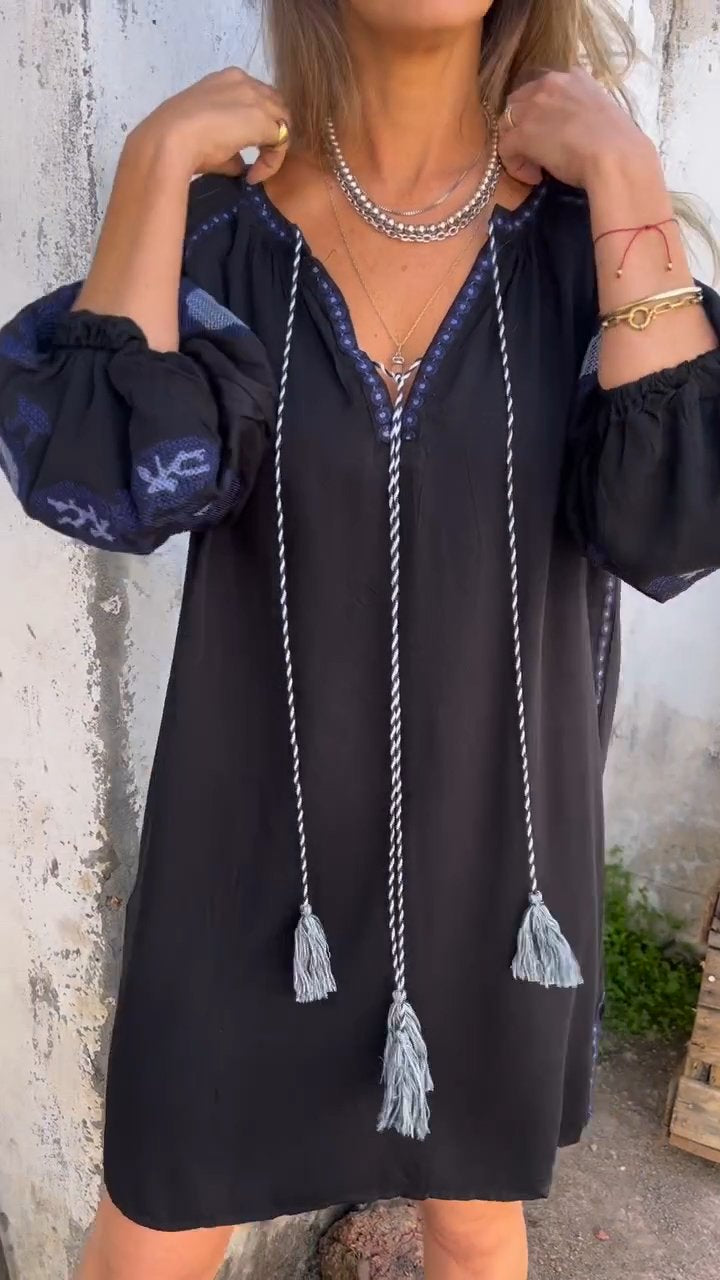 V-neck Bell Sleeve Embroidered Dress