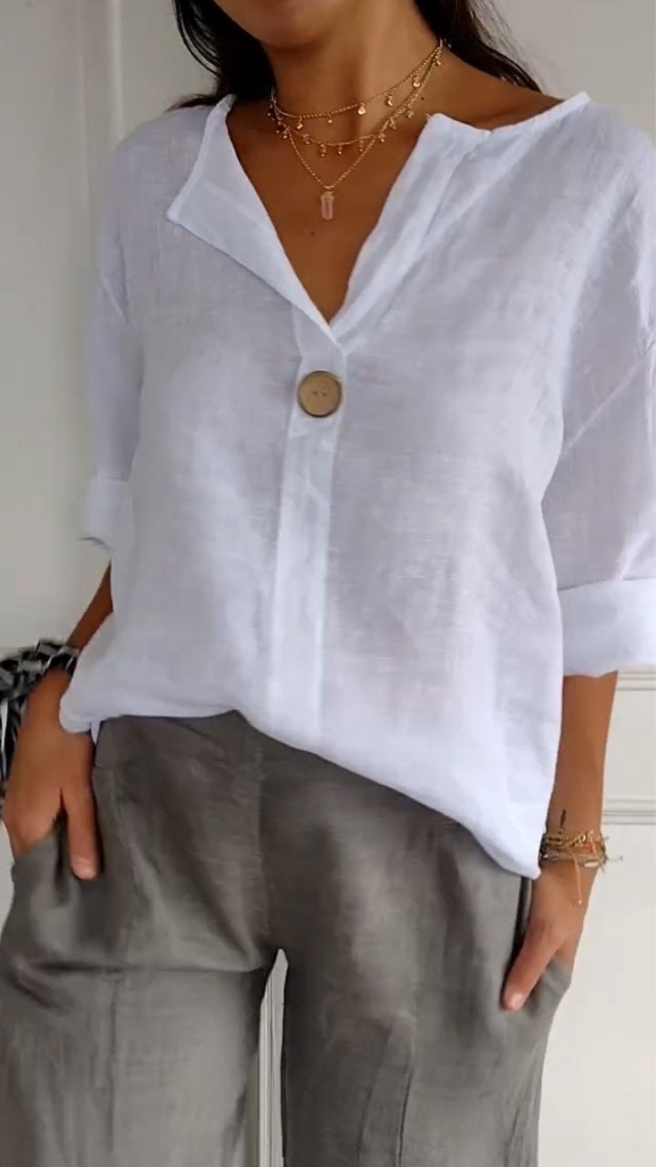 V-neck Button-down Mid-sleeve Cotton and Linen Top