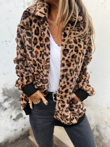 Women's Lapel Leopard Print Long Sleeve Thick Coat