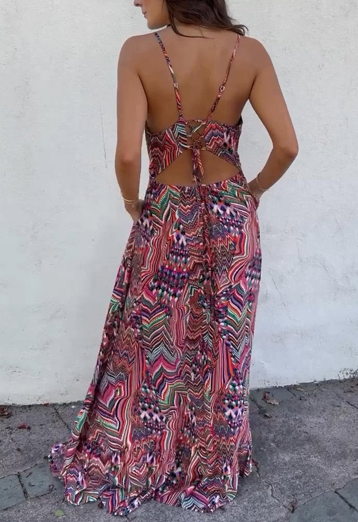 V-neck Printed Backless Strappy Dress