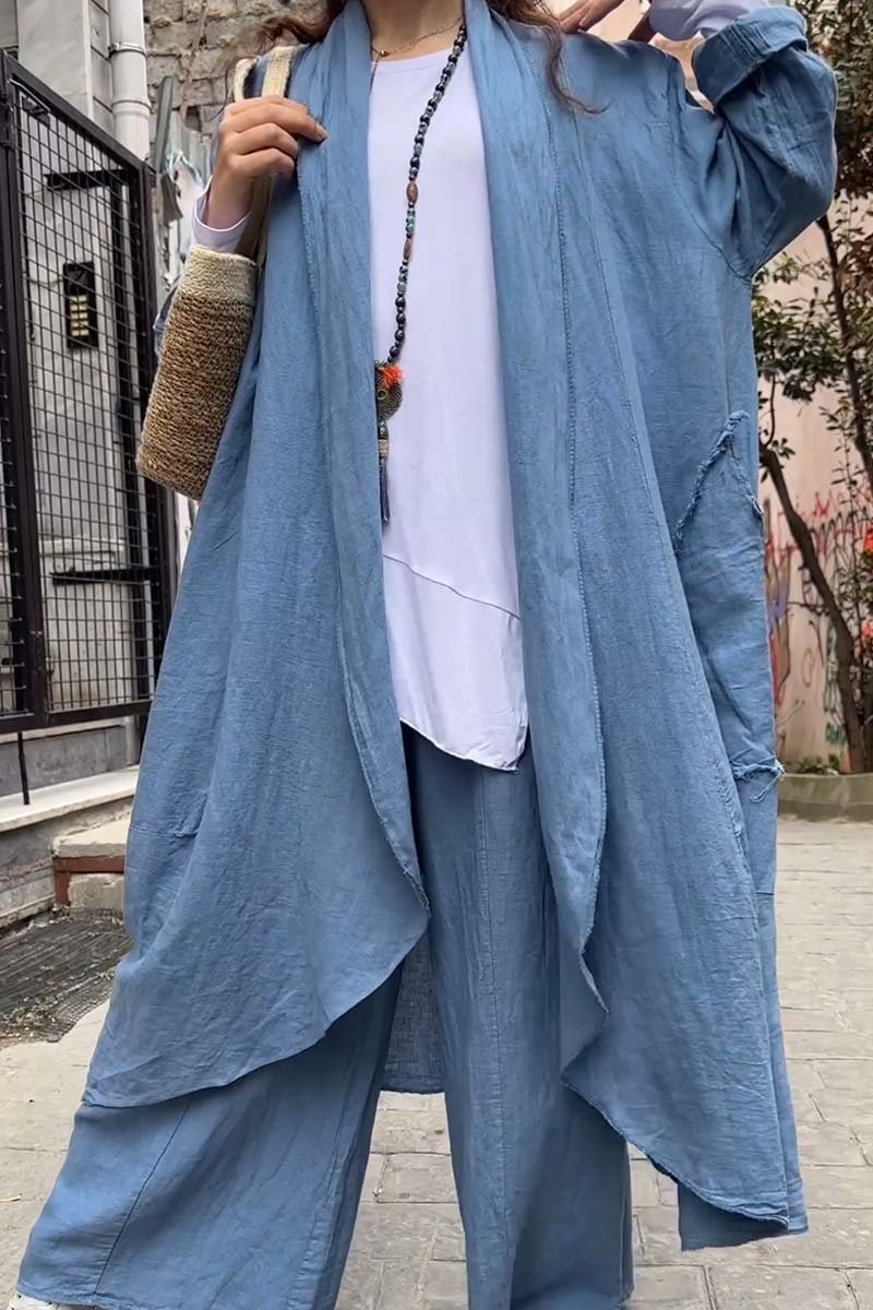 Women's casual cotton and linen cardigan pants suit