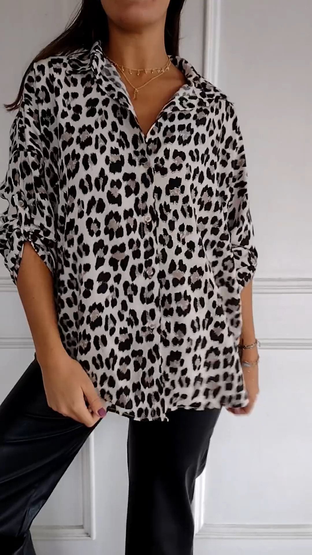 Lapel Mid-Sleeve Leopard Print Casual Top