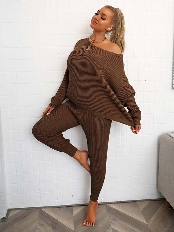 Women's casual long-sleeved solid color off-shoulder pullover trousers autumn and winter sweater two-piece set