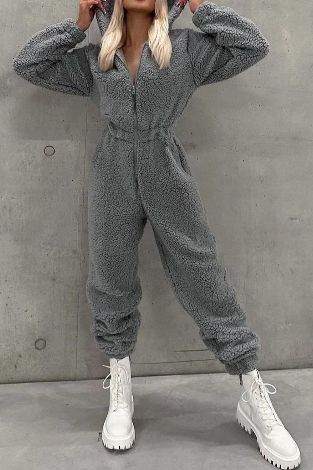 Women's Solid Color Furry Jumpsuit