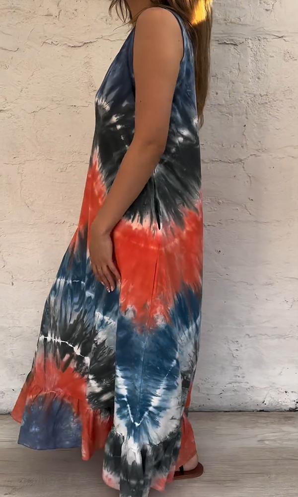 Women's Casual V-neck Multi-color Tie-dye Printed Vest Maxi Dress