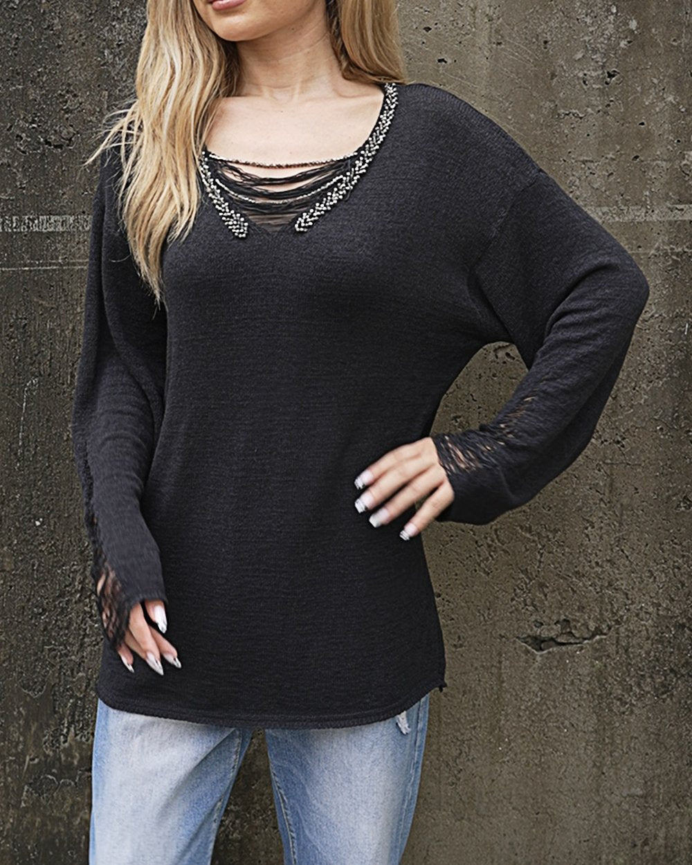 Women's Fashionable V-neck Beaded Sweater Tops