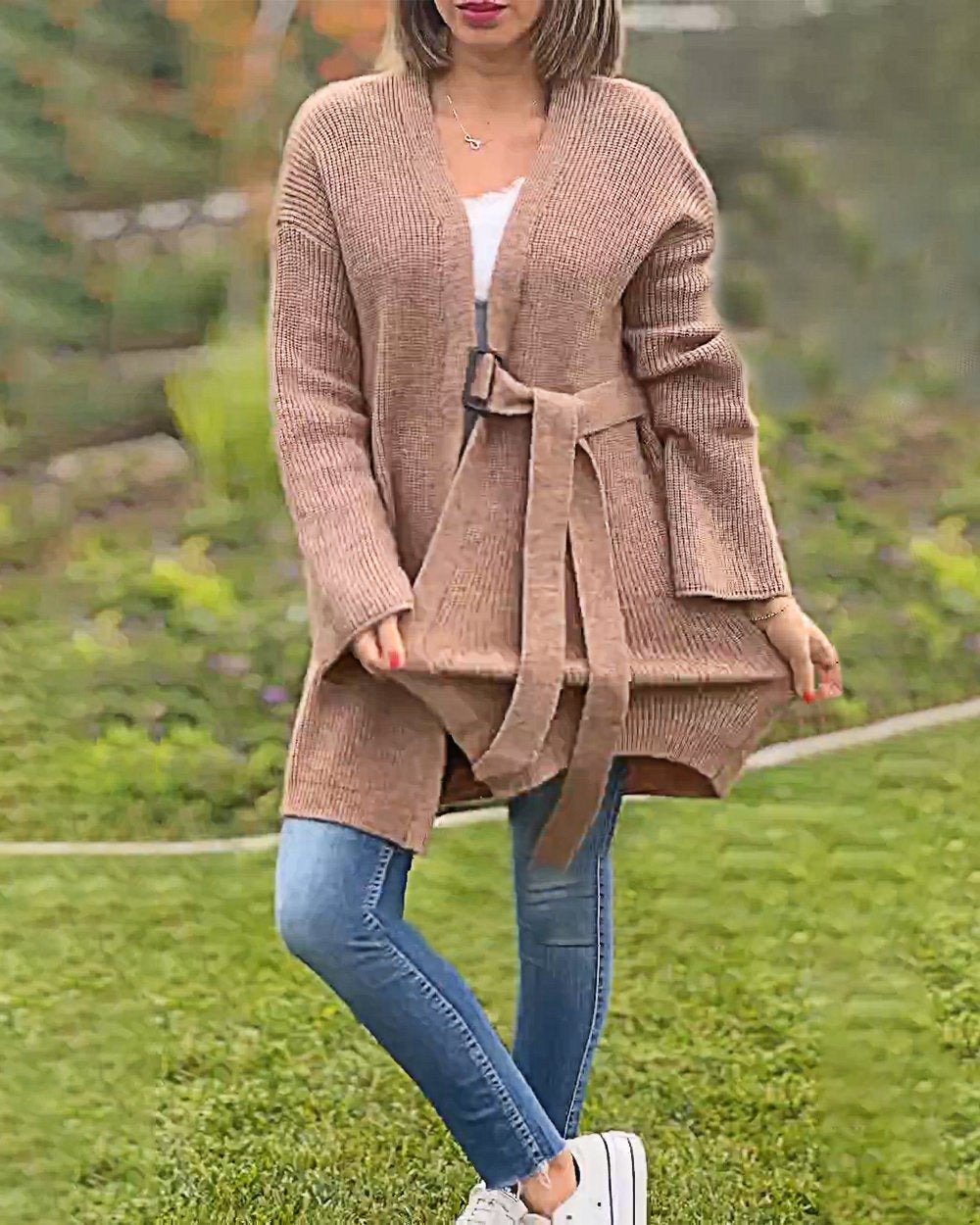 Women's Solid Color Strap Casual Sweater Jacket