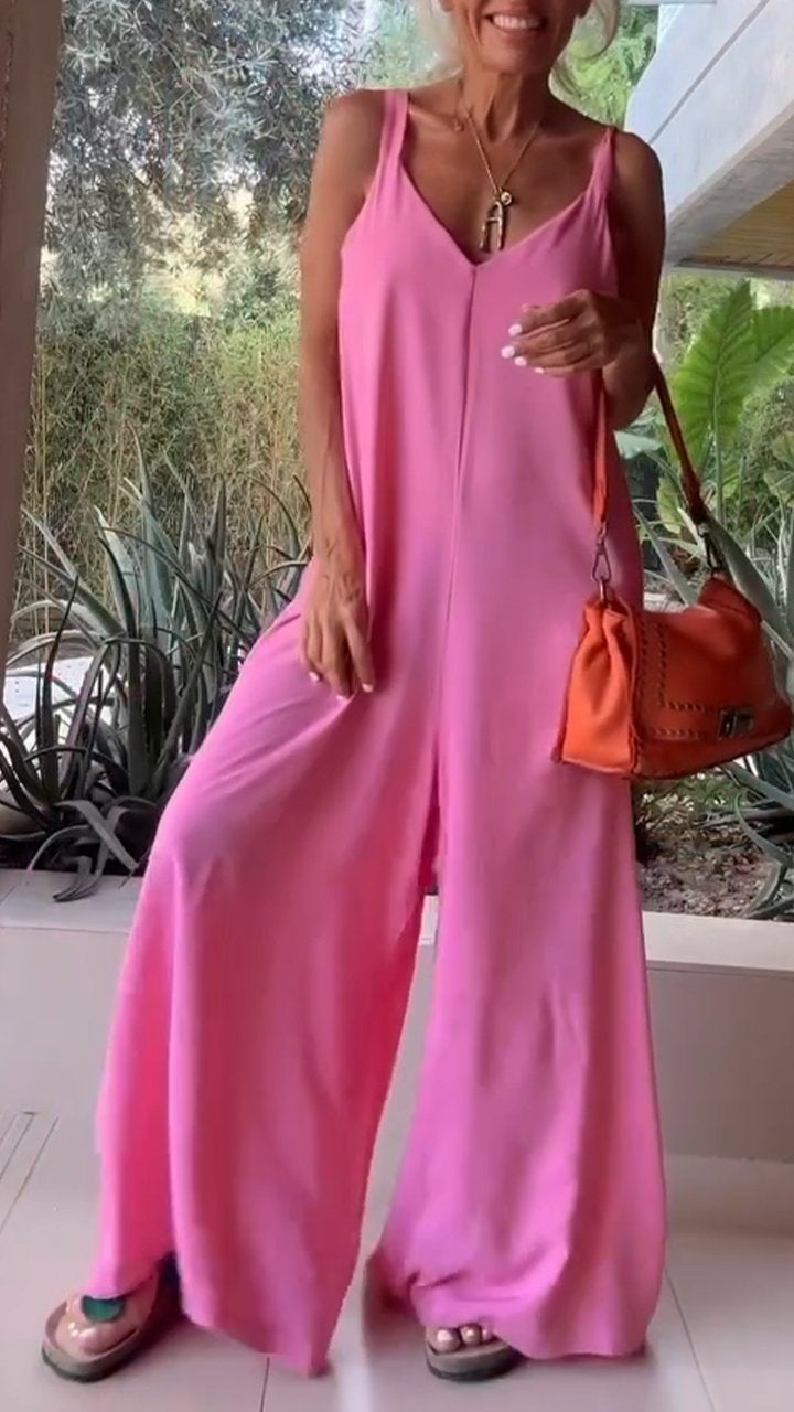 V-neck Sleeveless Solid Color Jumpsuit