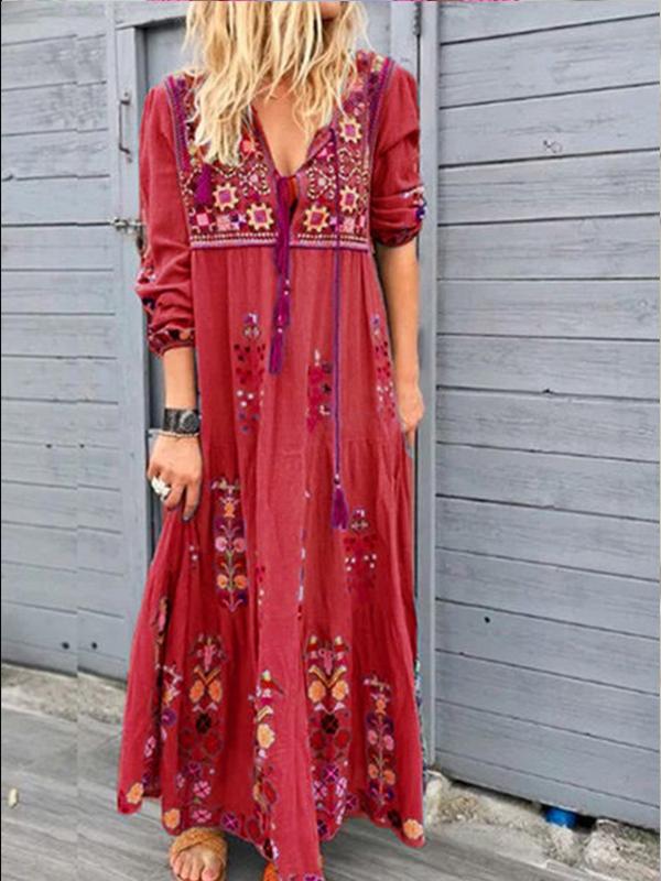 Floral Print Patchwork Dress Fashion Drawstring Long-sleeved Dress