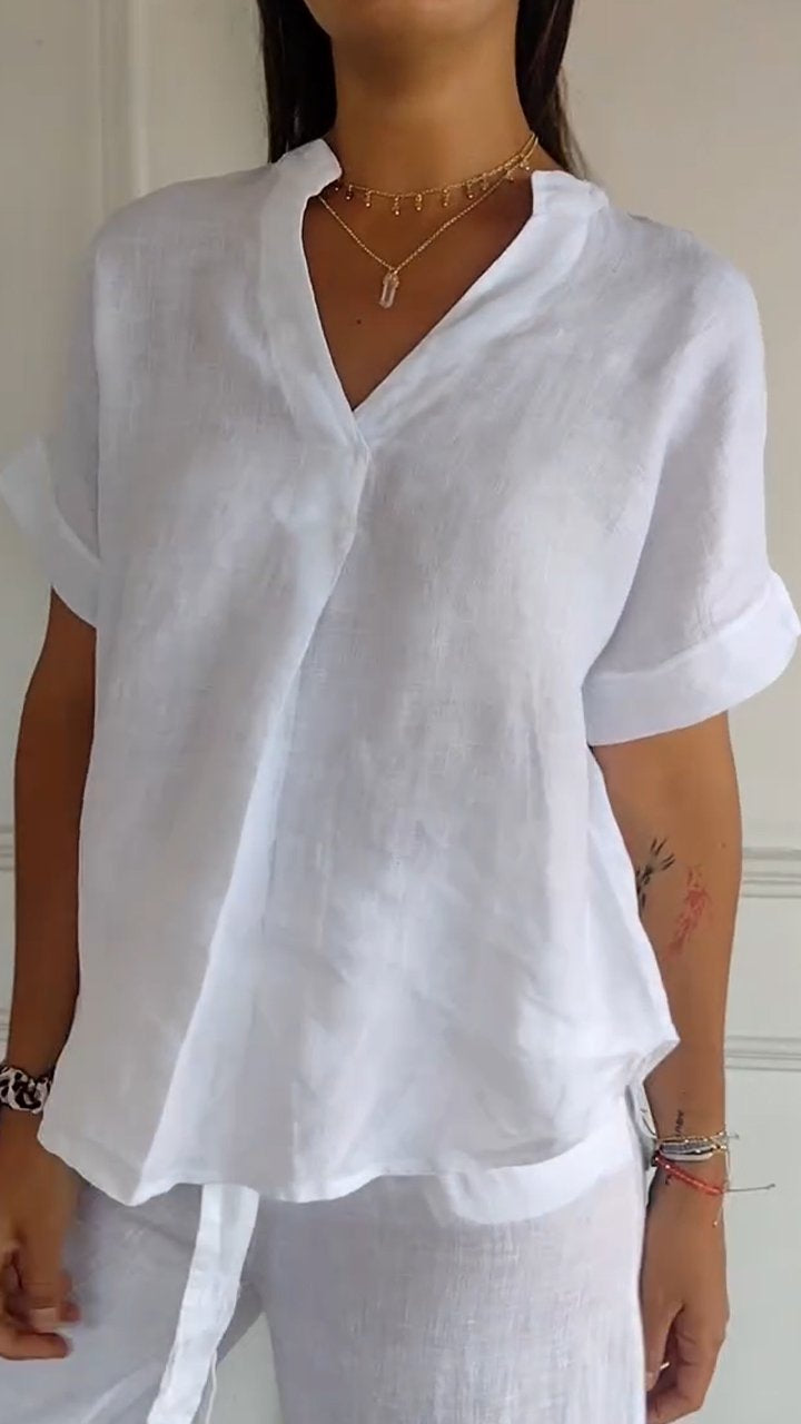 V-neck Short-sleeved Cotton and Linen Top