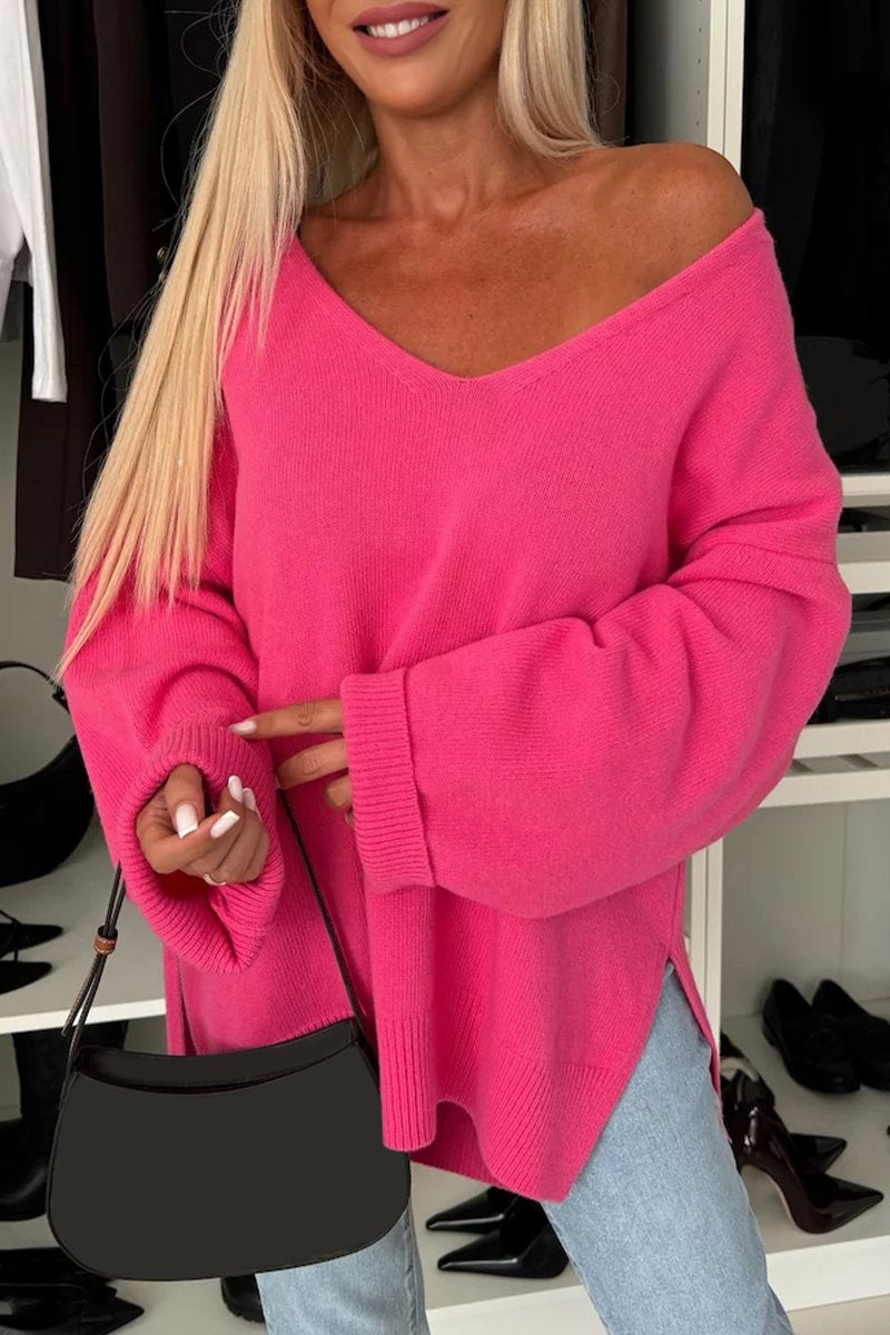 Women's V-neck Long-sleeved Knitted Slit Casual Top