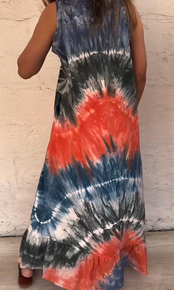 Women's Casual V-neck Multi-color Tie-dye Printed Vest Maxi Dress