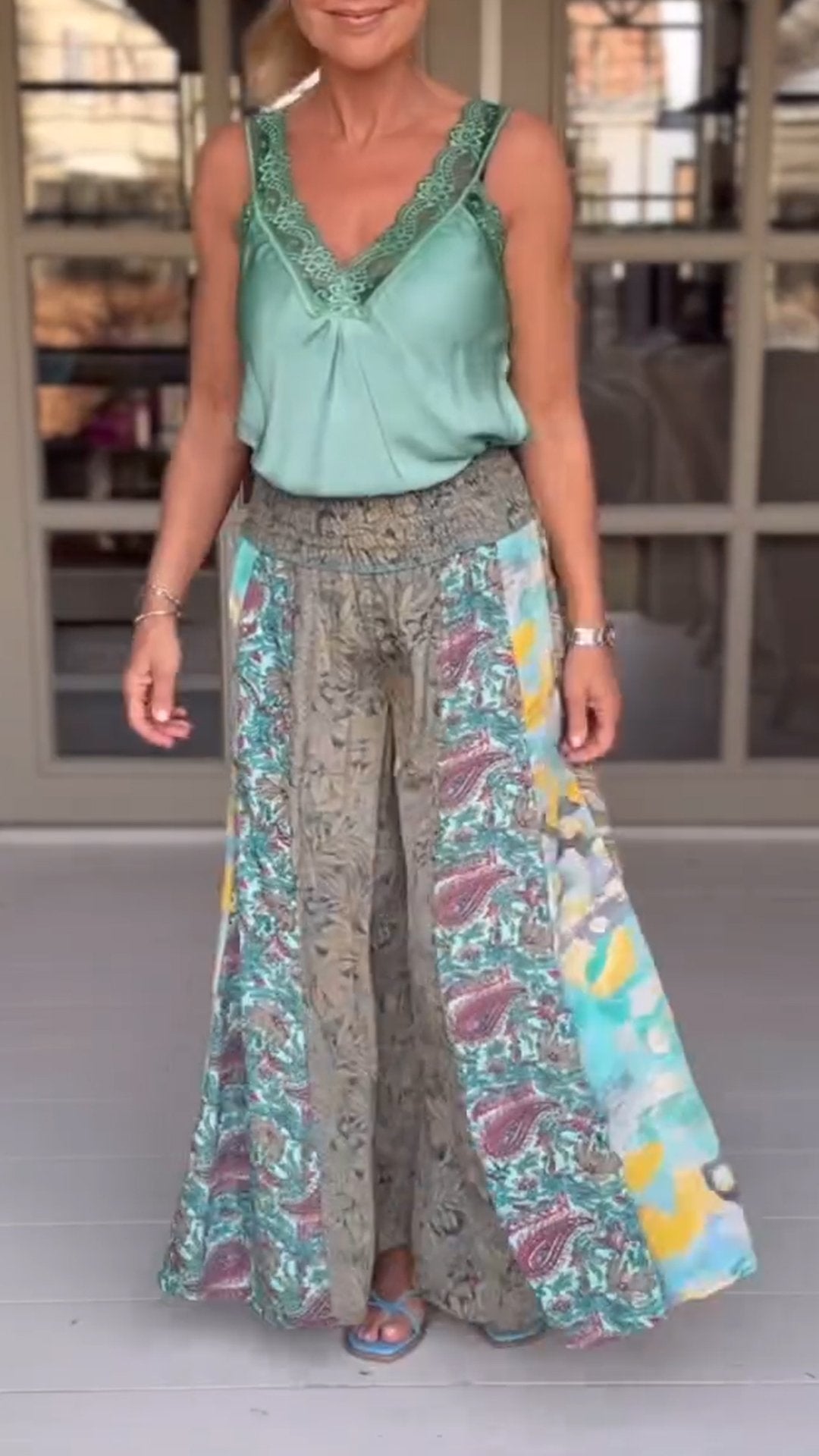 Casual Satin Top and Printed Trousers Two-piece Suit