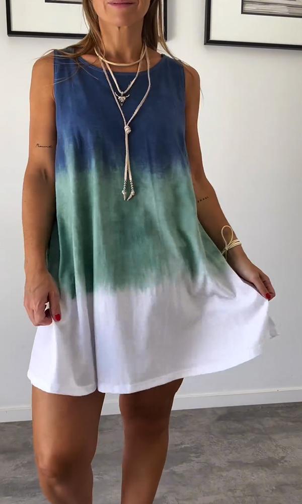 Women's Fashion Crew-neck Multi-color Tie-dye Print Sleeveless Dress