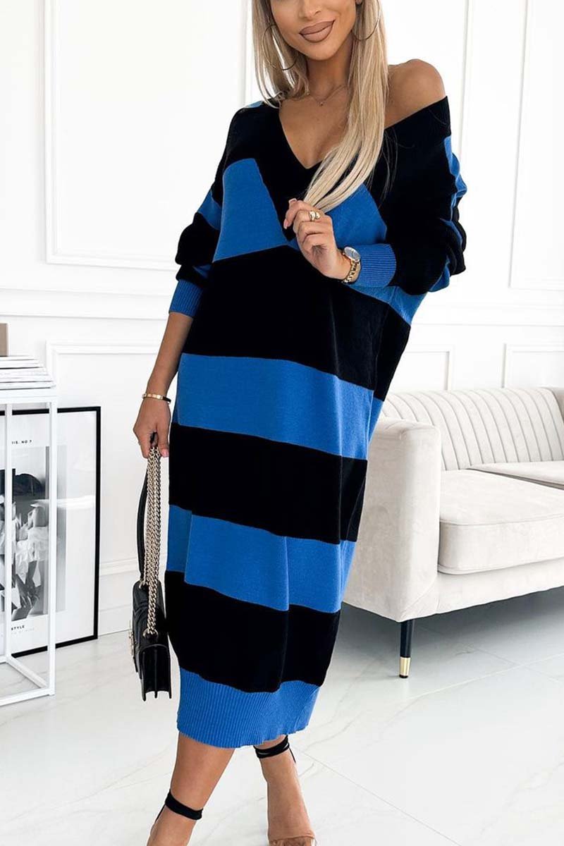 Women's Striped V Neck Long Sleeve Sweater Dress