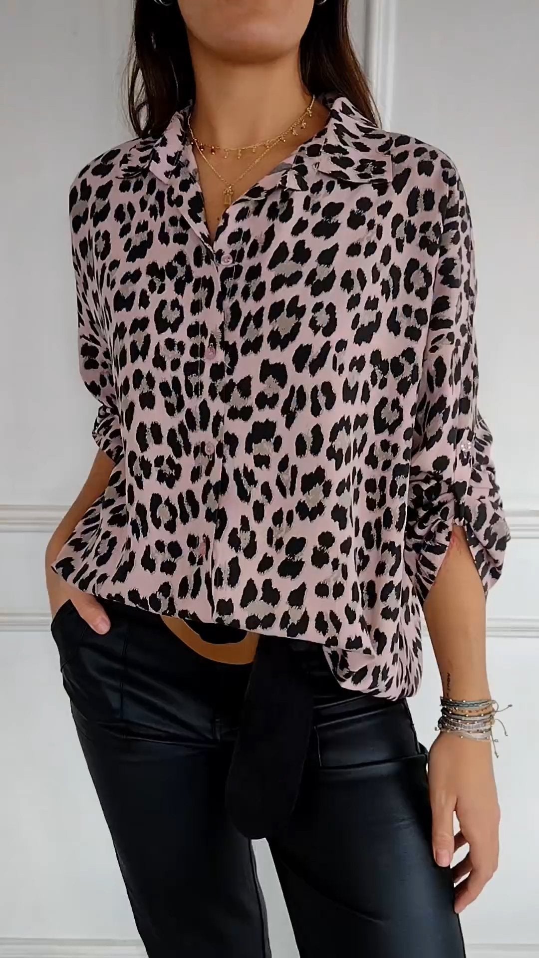 Lapel Mid-Sleeve Leopard Print Casual Top