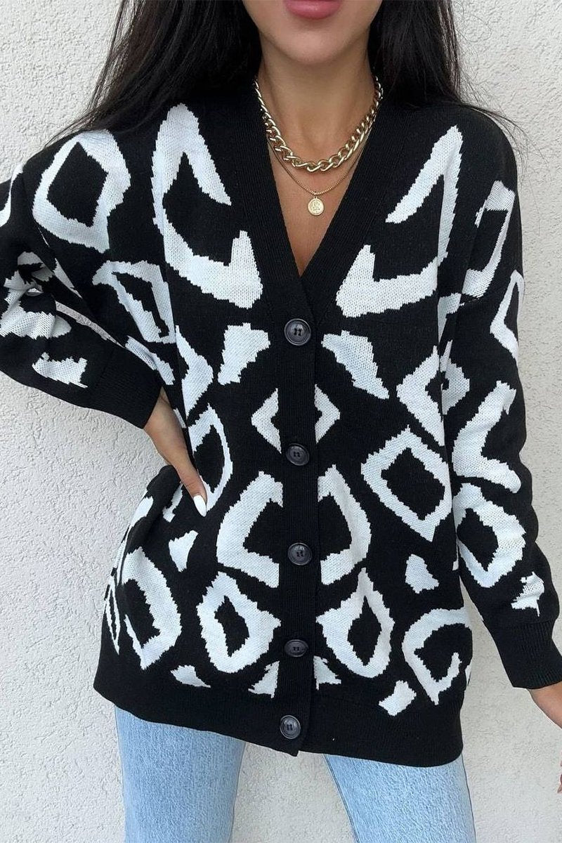 Women's Casual V-neck Printed Knitted Cardigan