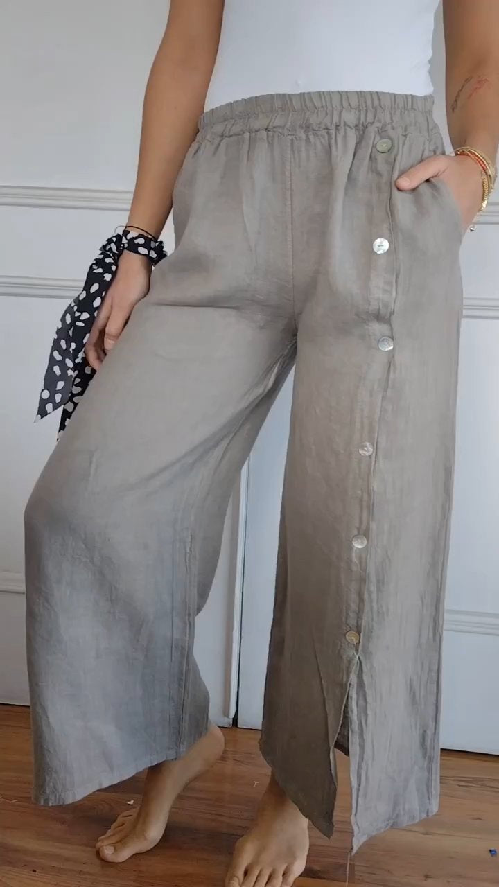 Side Button Slit Loose Cotton and Linen Trousers