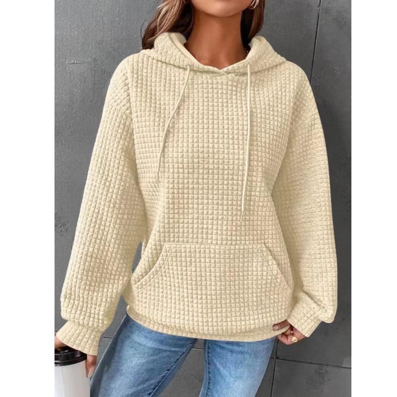 New Waffle Round Neck Long Sleeve Sweatshirt Solid Color Tops for Women