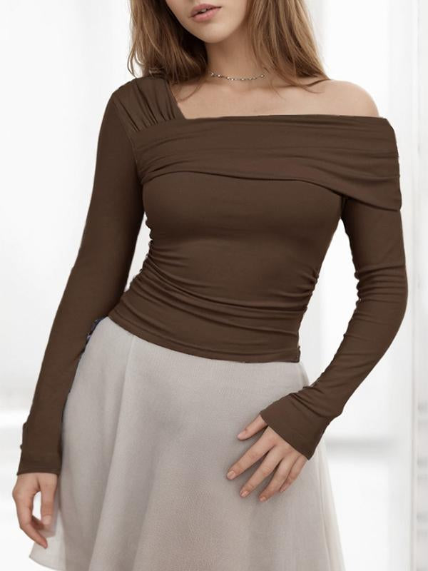 Women's solid color single shoulder long sleeve backless pleated top T-shirt