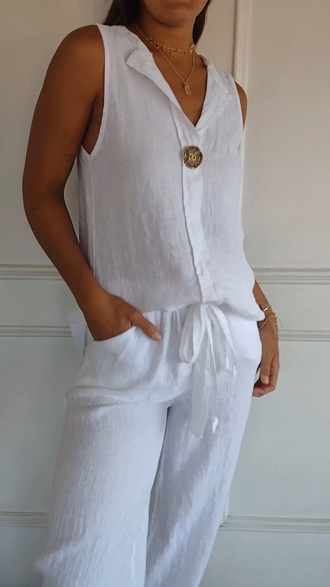 Cotton and Linen Casual V-neck Vest Top