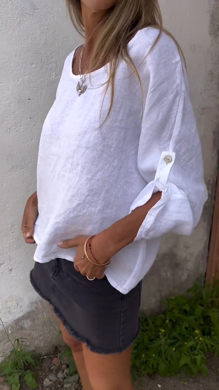 Round Neck Mid-sleeve Cotton and Linen Top