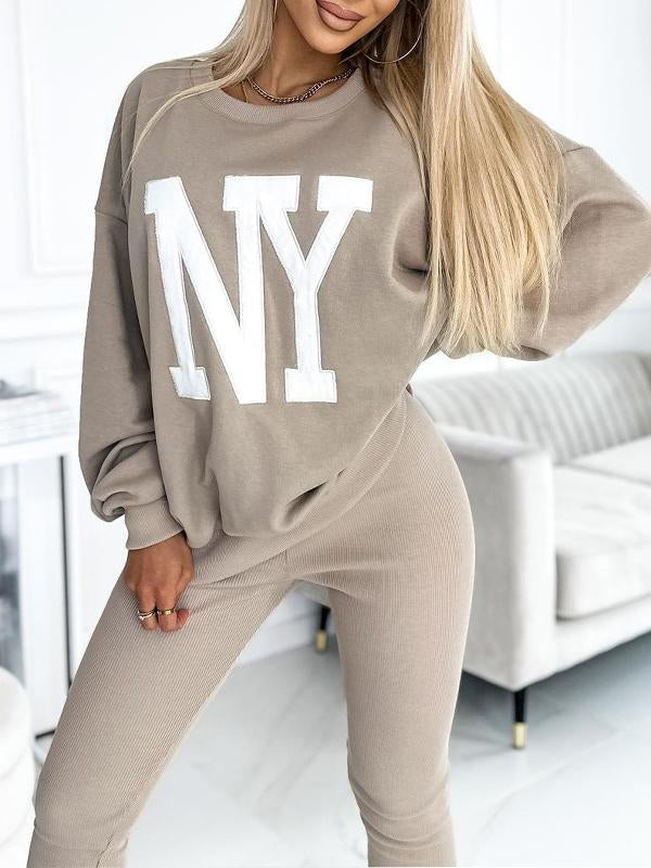 Women's Round Neck Long Sleeve Casual NY Letter Print Suit