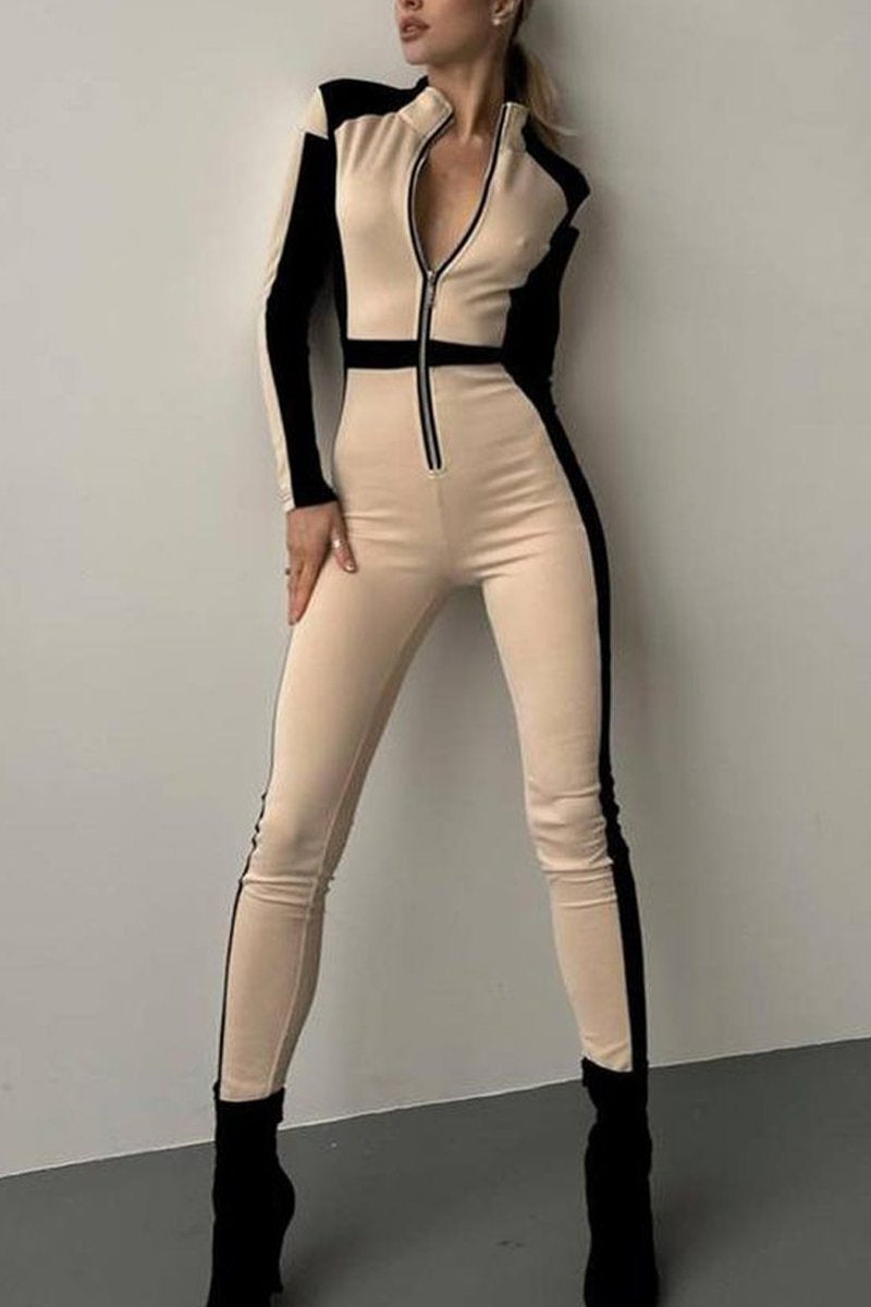 Women's Casual Half-Zip Slim Long Sleeve Contrast Color Jumpsuit