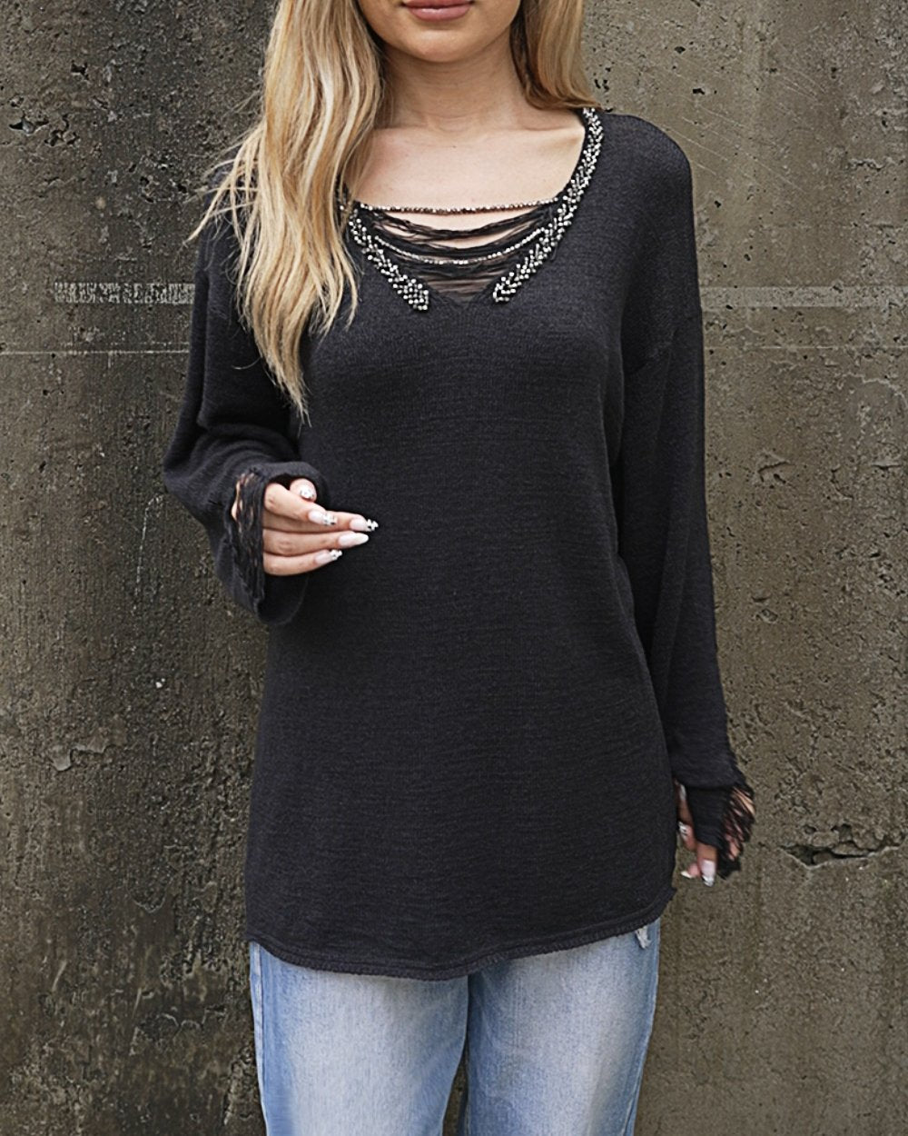 Women's Fashionable V-neck Beaded Sweater Tops