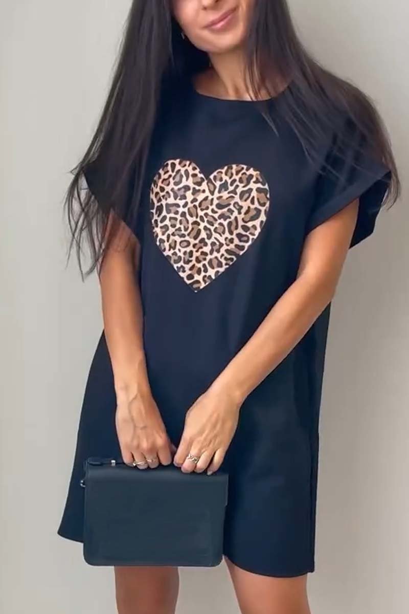 Women's Casual Love Leopard Print Short Sleeve T-Shirt