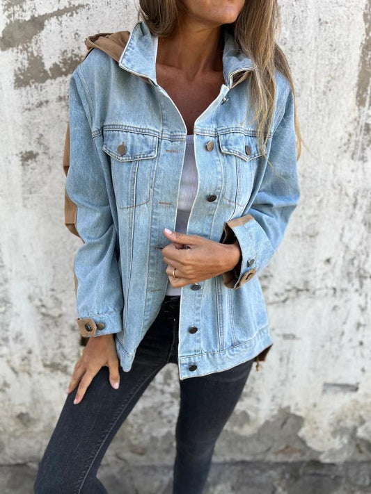 Casual Lapel Hooded Patchwork Denim Jacket