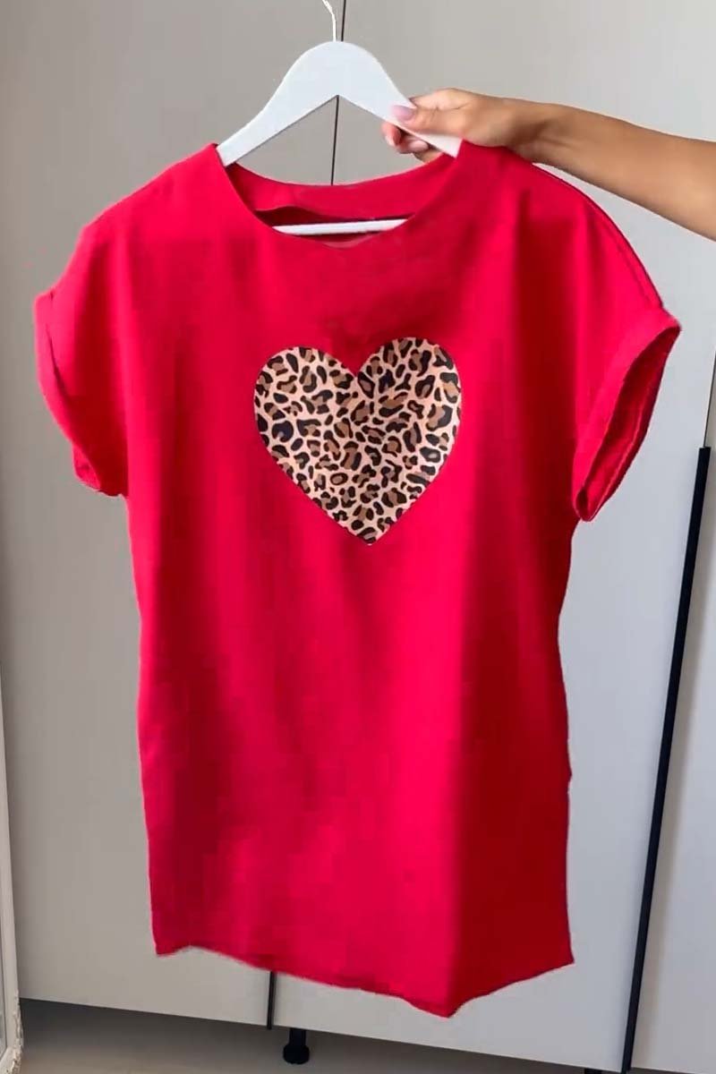 Women's Casual Love Leopard Print Short Sleeve T-Shirt