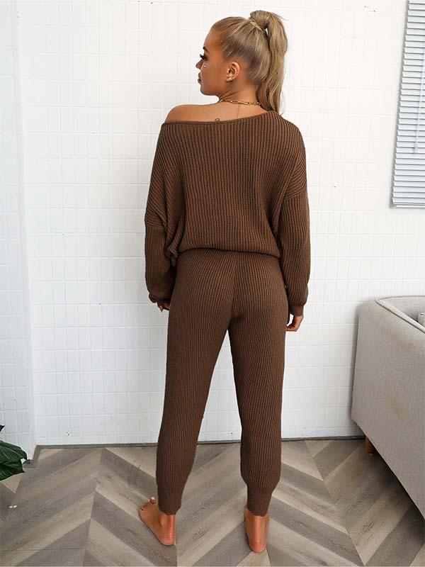 Women's casual long-sleeved solid color off-shoulder pullover trousers autumn and winter sweater two-piece set