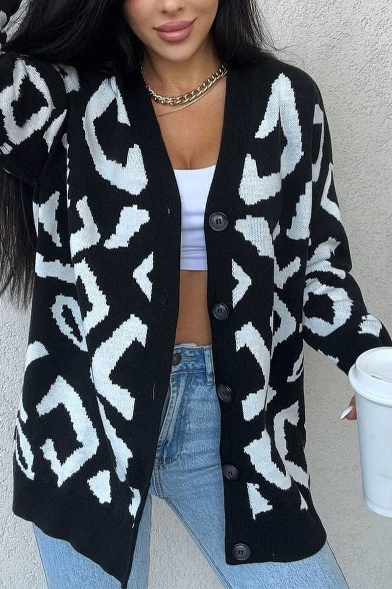 Women's Casual V-neck Printed Knitted Cardigan