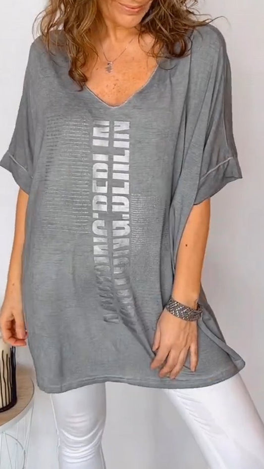 Women's V-neck Text Print Mid-sleeve Casual Top