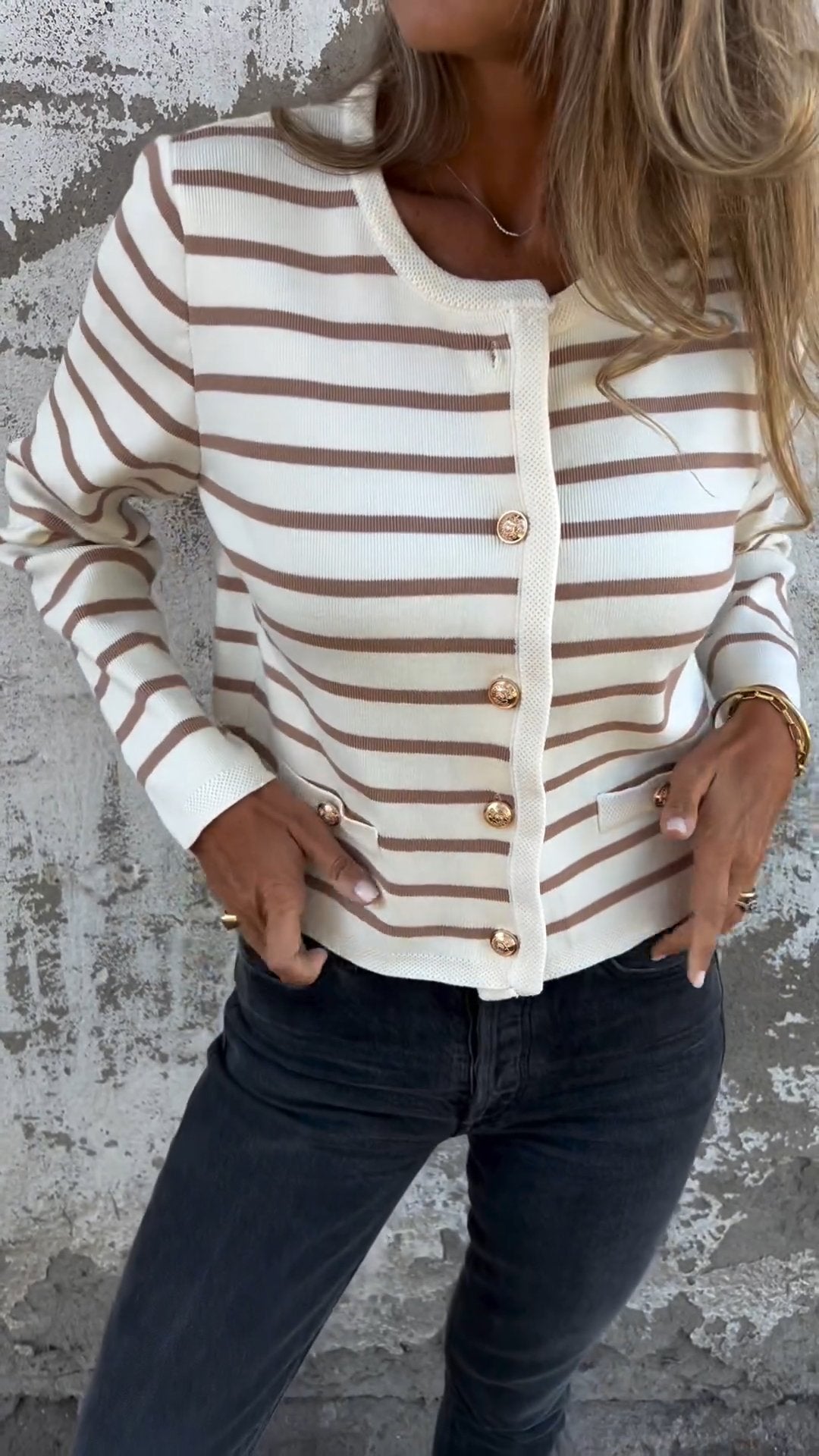 Round Neck Long Sleeve Striped Knit Top