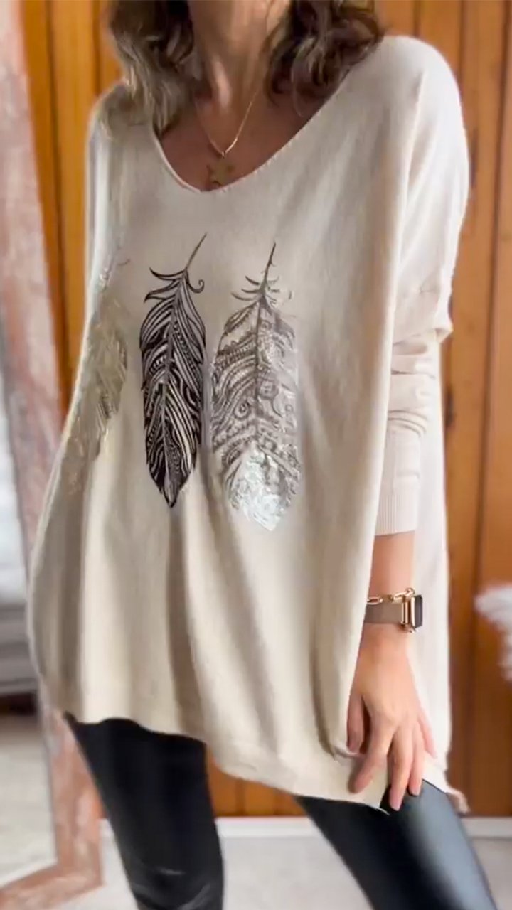 Feather Print V-neck Comfortable Top