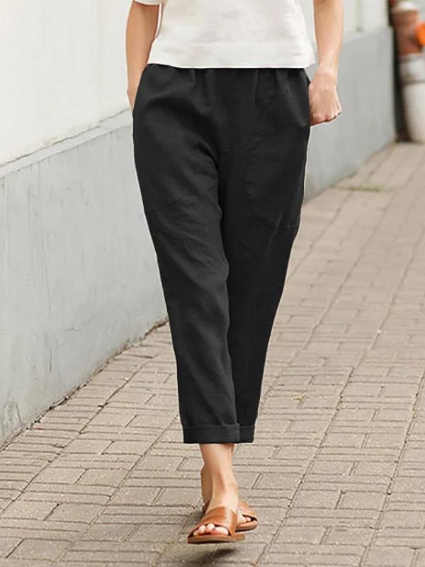 Plus Size Pure Color Comfort Cotton and Linen Casual Pants Straight-Leg Trousers