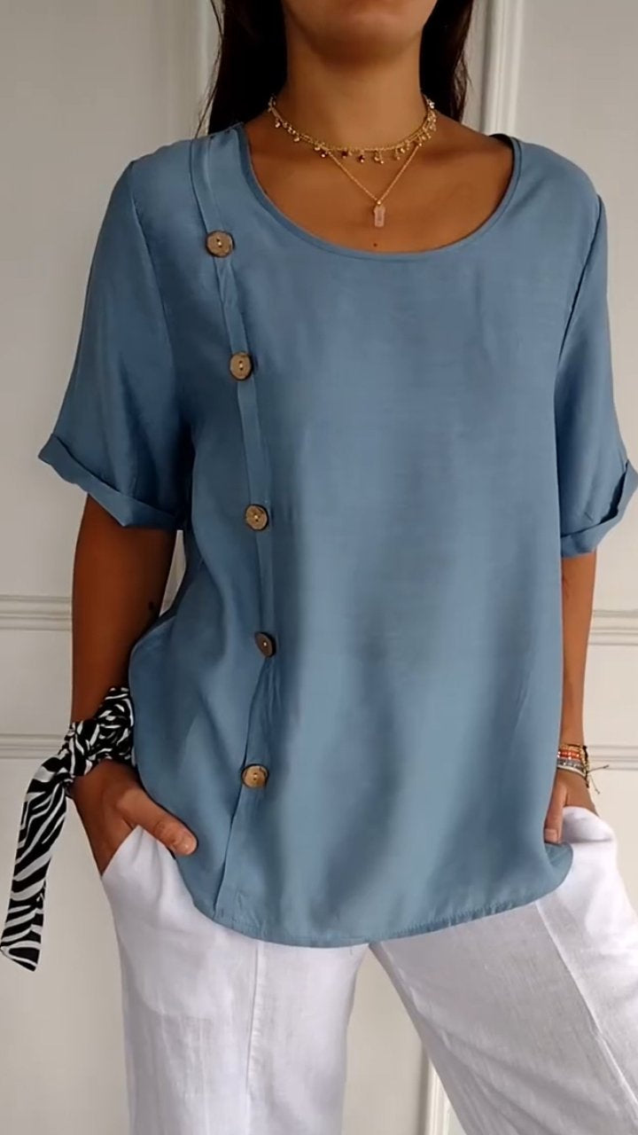 Round Neck Side Button Short Sleeve Top