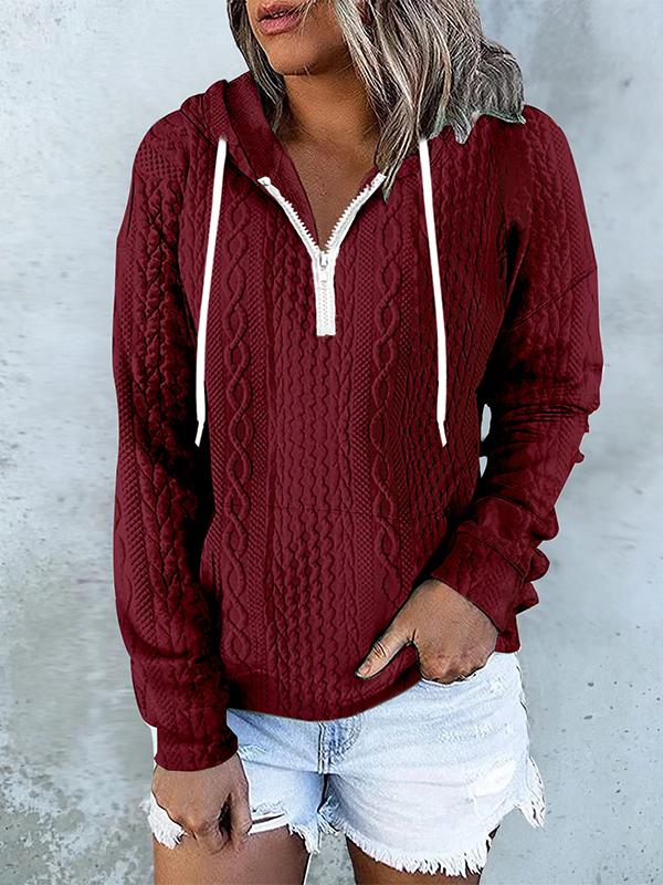 Women's Casual Hooded Twisted Texture Half-zip Sweatshirt