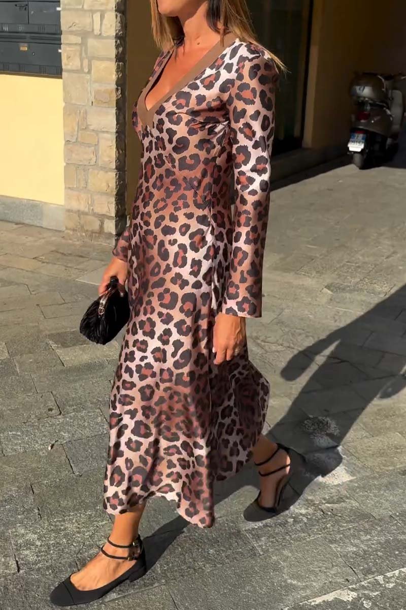 Women's Elegant Leopard Print V Neck Long Sleeve Dress